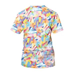 Close-up of vibrant mosaic pattern on women's crew neck T-shirt with rainbow unicorn style