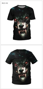 Front and back detail of 3D wolf digital print on black short-sleeve T-shirt