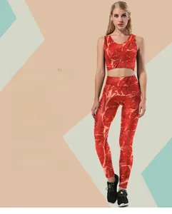 Close-up of 3D meat print sports set featuring high-elasticity fabric and crop top