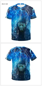 Front and back detail of 3D wolf print T-shirt with blue lightning and tech graphics