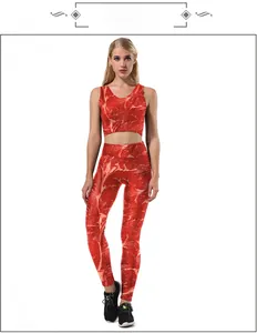 Detail of 3D raw meat print activewear set featuring crop tank top and yoga leggings