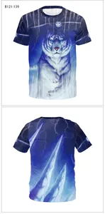 Detail of white tiger and lightning sublimation print on blue crew neck t-shirt