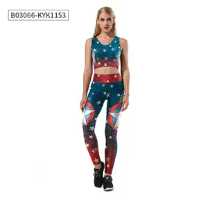 Two-piece fitness set with 3D digital star print vest and leggings in red and blue