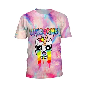 Rainbow tie-dye unicorn skull graphic t-shirt with artistic Unicorns lettering print