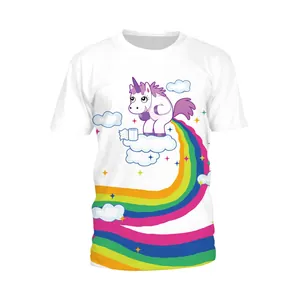 White crewneck T-shirt with a colorful unicorn rainbow print on a plain background