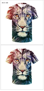 Detailed 3D lion print on crew neck t-shirt with vibrant purple and blue digital ink