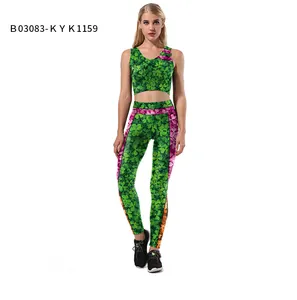 Detail of green shamrock print sports set featuring high-waisted leggings and crop top