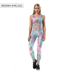 Detail of colorful mermaid scale printed sports bra and high-waist yoga leggings