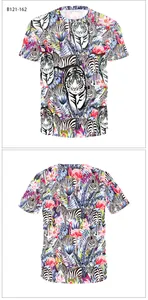 Vues avant et arrière du T-shirt imprimé 3D avec tigre, zèbre et feuilles tropicales