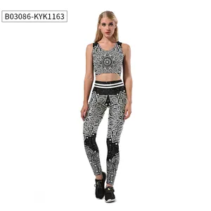 Detail of high-waisted yoga set with black and white 3D mandala floral printed pattern