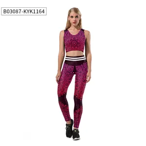 Detail of 3D mandala print yoga set with racerback crop top and matching leggings