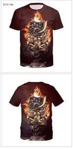 Vue détaillée avant et arrière du t-shirt imprimé hibou 3D avec motifs de flammes