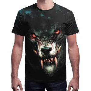 Men's crew neck T-shirt featuring a realistic 3D black wolf print and fantasy streetwear style
