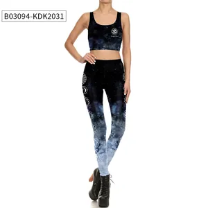 Detail of 3D galaxy print workout set with Om symbol and mandala on yoga top and leggings