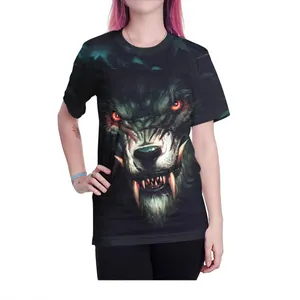 Men's black t-shirt with a 3D digital print of a wolf with red eyes and sharp fangs