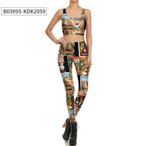 Detail of high-stretch sports set featuring vintage 3D digital posters print design