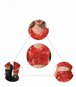 Detail view of 3D realistic meat texture print on women's athletic tank top and leggings