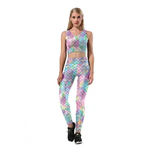 Women's two-piece mermaid scale yoga set with crop top and high-waisted leggings