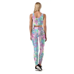Women's two-piece yoga set with 3D mermaid scale print and pink fish tail detail