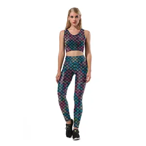 Women's 2-piece workout set featuring colorful metallic mermaid scale 3D digital print