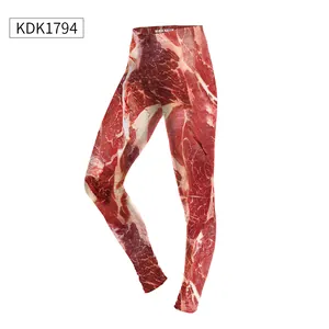 Macro detail of high-elasticity leggings featuring realistic raw beef marble digital print