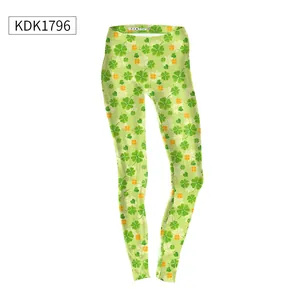 Detail view of high-elasticity green leggings with St. Patrick's Day clover pattern