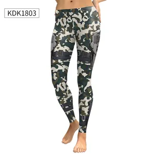 Detail of 3D tactical holster and pistol print on camouflage athletic leggings