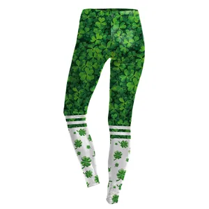 Women's St. Patrick's Day leggings featuring green clover prints and striped knees