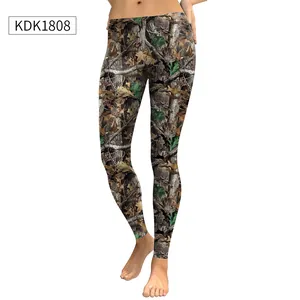 Detail view of the realistic forest camouflage pattern on high-elastic leggings