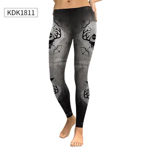 Close-up of 3D deer and geometric print on high-waist slimming yoga leggings