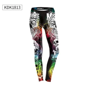 Detail of high-waist leggings featuring skull and rose 3D digital print on black fabric