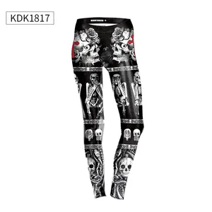 Close-up of 3D leggings featuring skull, rose, and red cross digital print details