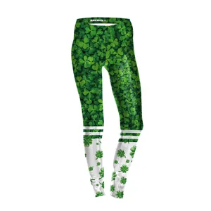 Women's high waist St. Patrick's Day leggings with shamrock print and sporty stripes