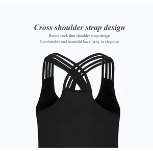 Detailed view of women's black tank top with elegant multi-cross back strap design