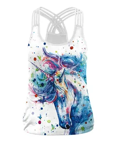 Detail of multi-strap crisscross back and watercolor unicorn print on white tank top