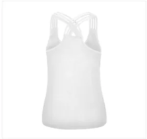 Close-up of the intricate cross-strap back design on this white slim-fit tank top
