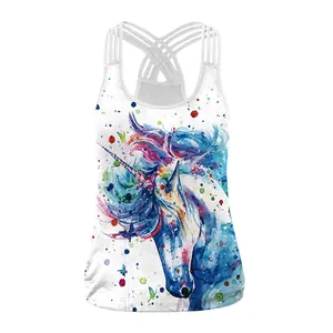 Women Watercolor Unicorn Print Camisole Cross Back Straps Sleeveless Tank Top Summer Casual Artistic White Top