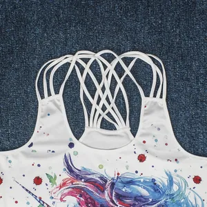 White crop top with colorful skull digital print and criss-cross back straps design