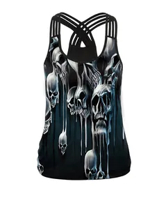 Detail of cross-back straps and lava skull digital print on black gothic tank top