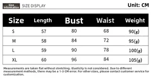 Size chart for Halloween joker cosplay tank top showing bust and length measurements