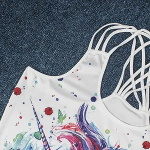 Cropped top with unicorn skull digital print and multi-strap criss-cross back design