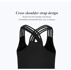 Detail of black yoga tank top featuring a stylish cross-strap back design and round neck