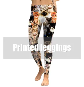 Detail van digitale kattenprint op hoogwaardige stretch slim-fit leggings voor dames