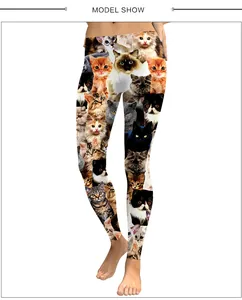 Detail van de levendige kattenkopjes digitale print op elastische dames leggings