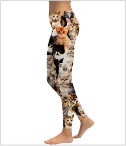 Detail van levendige kattenprint op hoogwaardige stretch slim-fit leggings voor dames