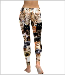 Macro-detail van de corrigerende legging met hoge taille en realistische 3D-kattenkop-prints