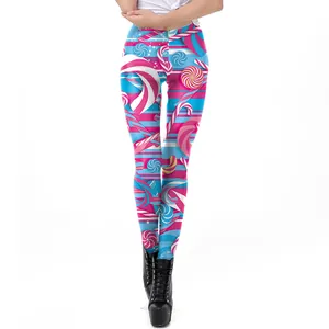 Women's blue and pink candy-themed Christmas leggings with high-waisted yoga fit