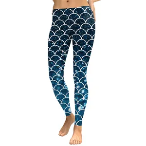 Legging femme à imprimé écailles de sirène bleu 3D avec effet scintillant brillant