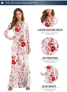 Detalle del vestido de Halloween con estampado 3D de manos ensangrentadas y corte entallado
