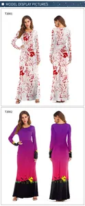 Vistas frontales y traseras de vestidos de Halloween con manchas de sangre y estampados calabaza